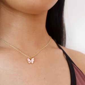 Pink Butterfly Pendant Necklace - Handmade